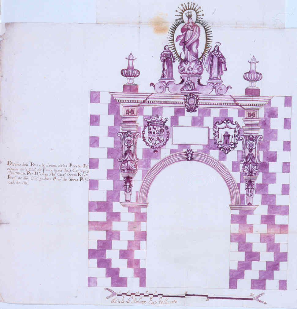Diseño de la portada de una de las puertas principales de la ciudad de Lorca llamada de La Concepción.